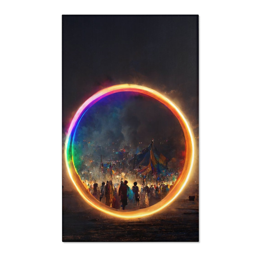 a bright rainbow circle of magic at burning man, cinematic - Area Rugs