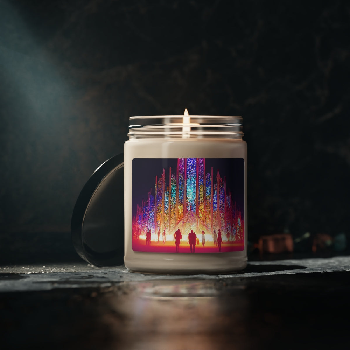 Scented Soy Candle, 9oz - stained glass cathedral at burning man at night