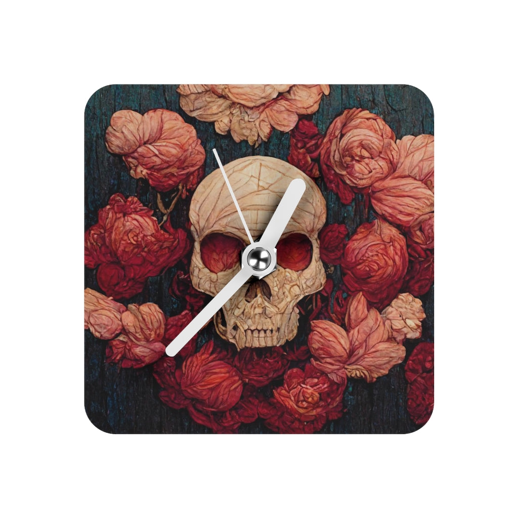 tiling pattern on wood panel of small skulls and vivid roses, gouache illustration