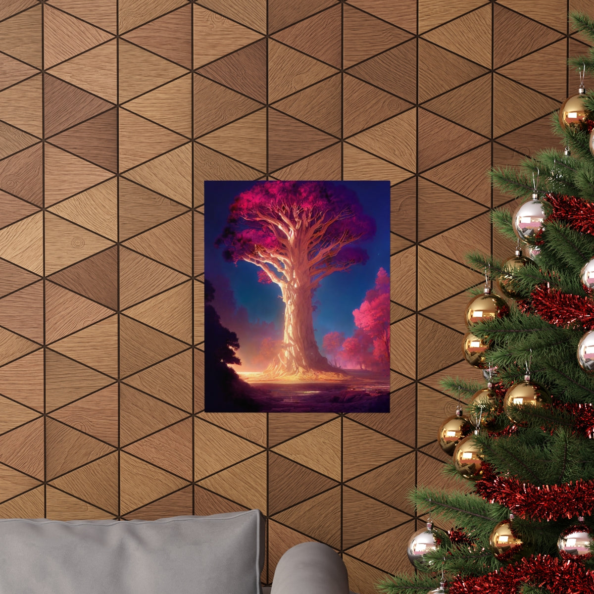 Premium Matte vertical posters - gate to a psychedelic realm, giant tree, light, highly detailed, immersive, volumetric light, detailed concept art