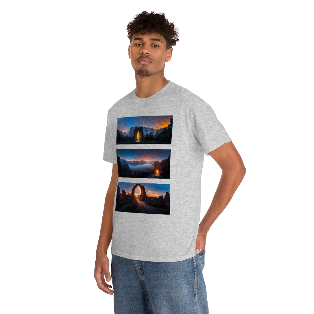 wide_angle_photo_of_a_magical_portal_in_(yosemite_valley, the_grand_canyon, arches_national_park) - Unisex Heavy Cotton Tee