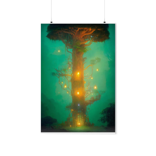 Premium Matte vertical posters - mystical treehouse surrounded by exotic plants and fireflies, jungle fog at sunset, cinematic lighting