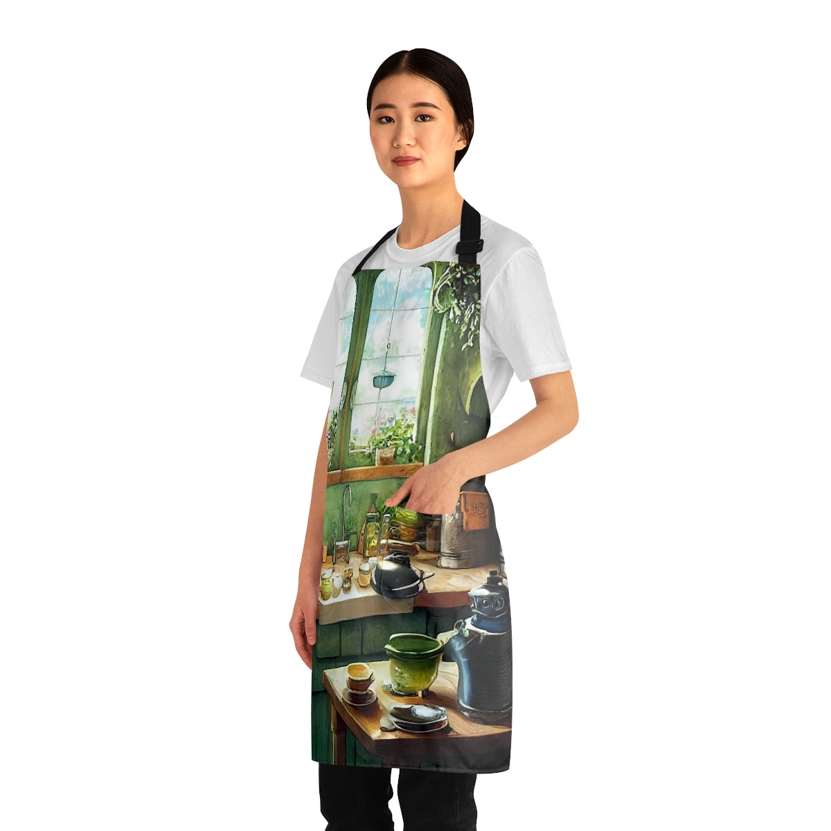 whimsical fantasy cottage kitchen, pot on the stove, bottles and jars, hanging herbs, charming, quaint, 8k, detailed and ultra realistic, fantasy - Apron