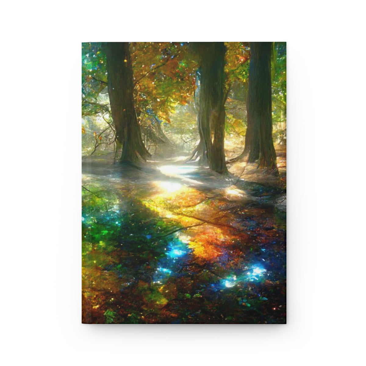 a picture of trees that have mirrors, crystals, and gemstones as leaves, sunlight is dispersed through crystal leaves creating rainbows - Hardcover Journal Matte