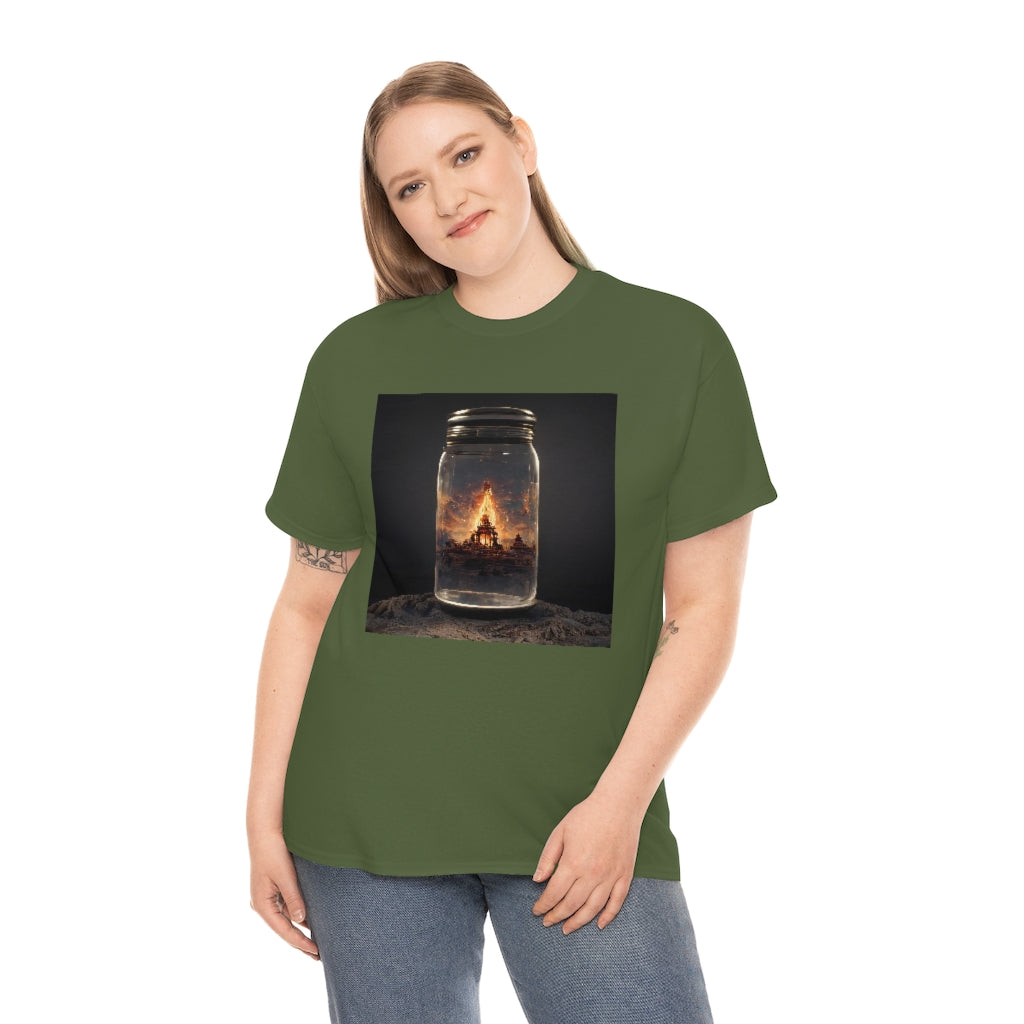 glass_jar_with_burning_man_temple_inside_black_rock_city - Unisex Heavy Cotton Tee