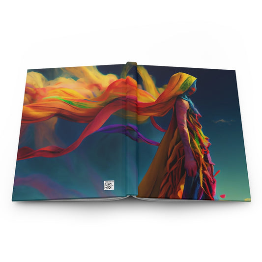 woman noble feminine, full body, made of colorful holi colored, fabric ribbons, in a storm,in the desert,burning man - Hardcover Journal Matte