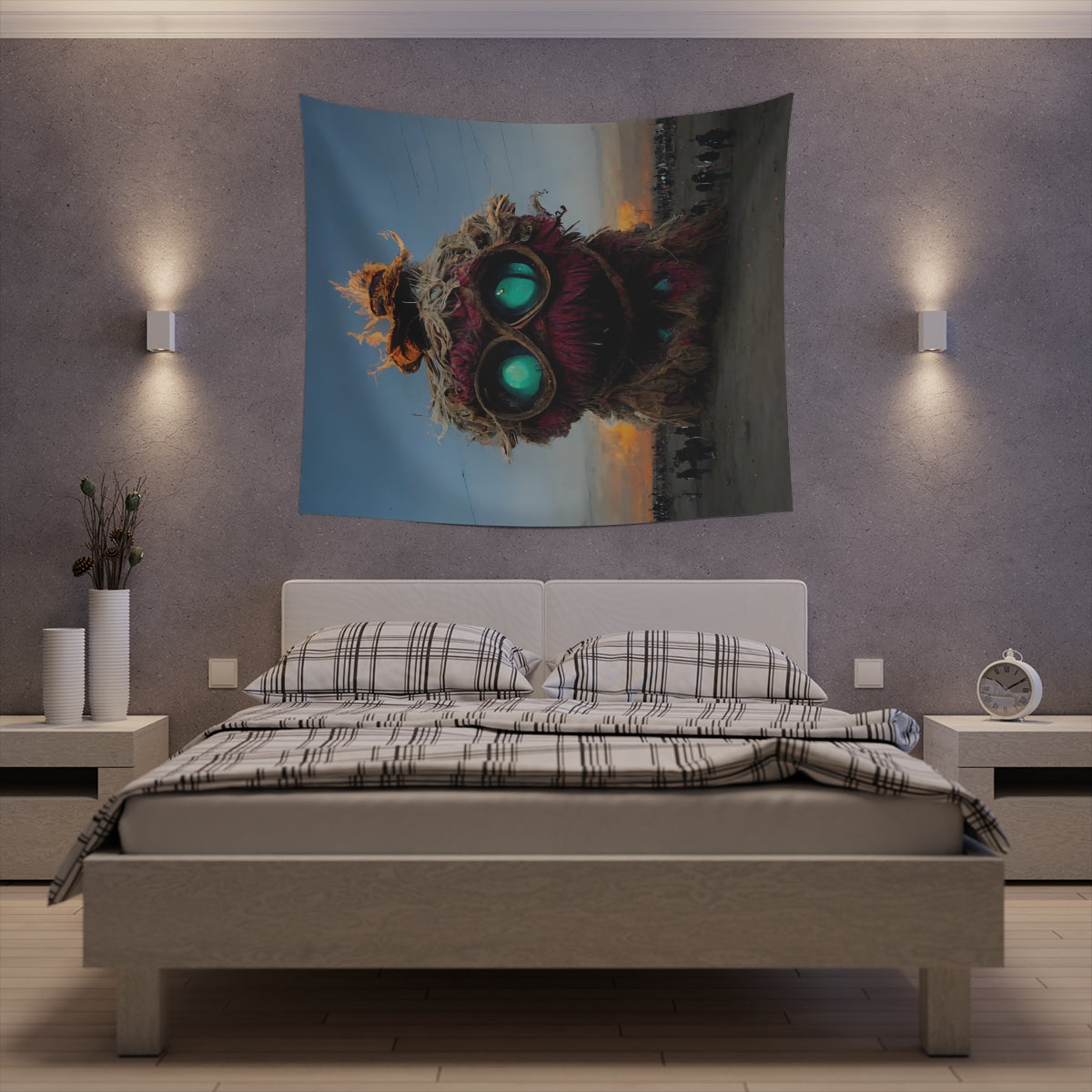 giant muppet monster rampaging at burning man - Indoor Wall Tapestries