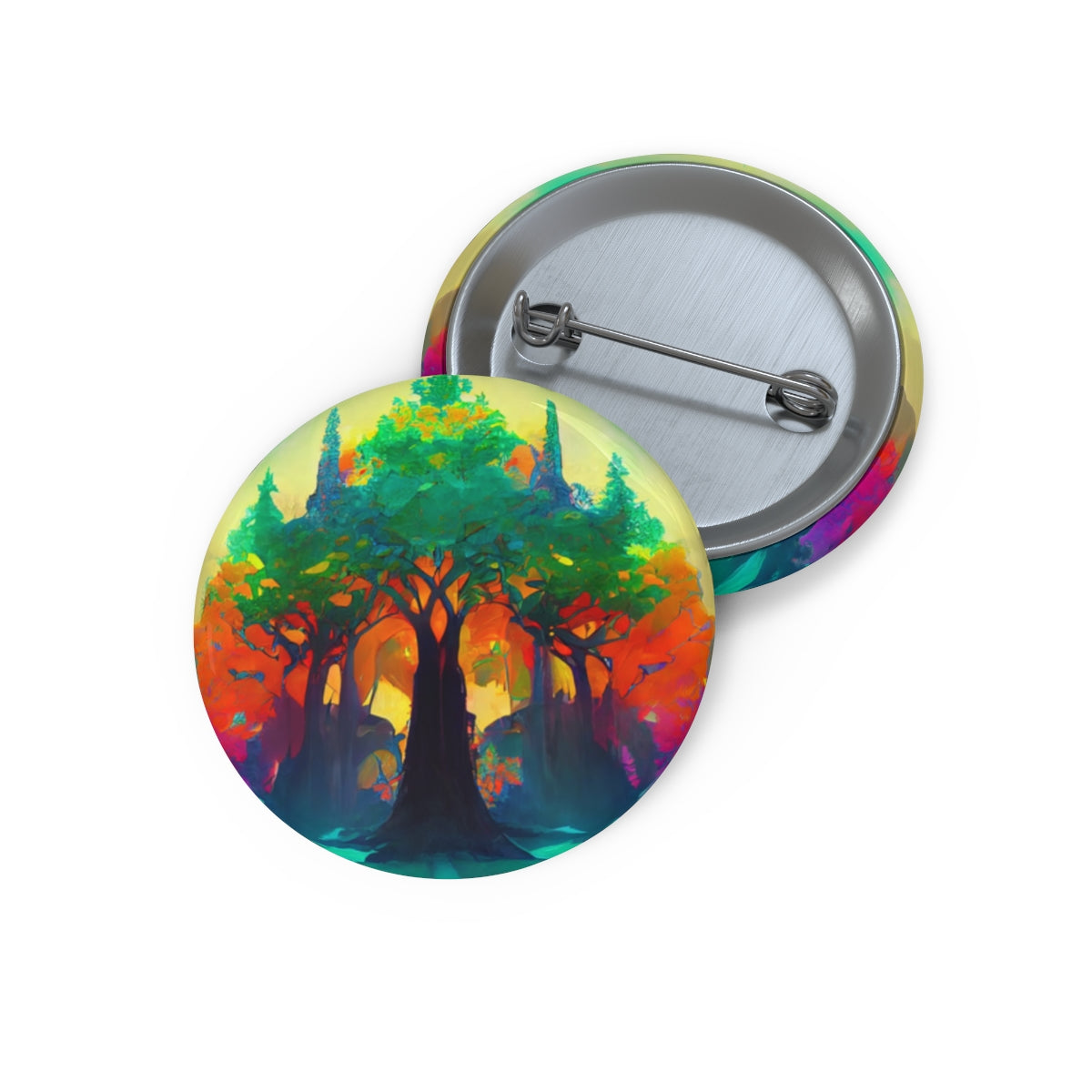 Pin Buttons - psychedelic forest of colored daylight through the stained glass leaves trees of ancient towering trees, giant tree, light, highly detailed, immersive, volumetric light