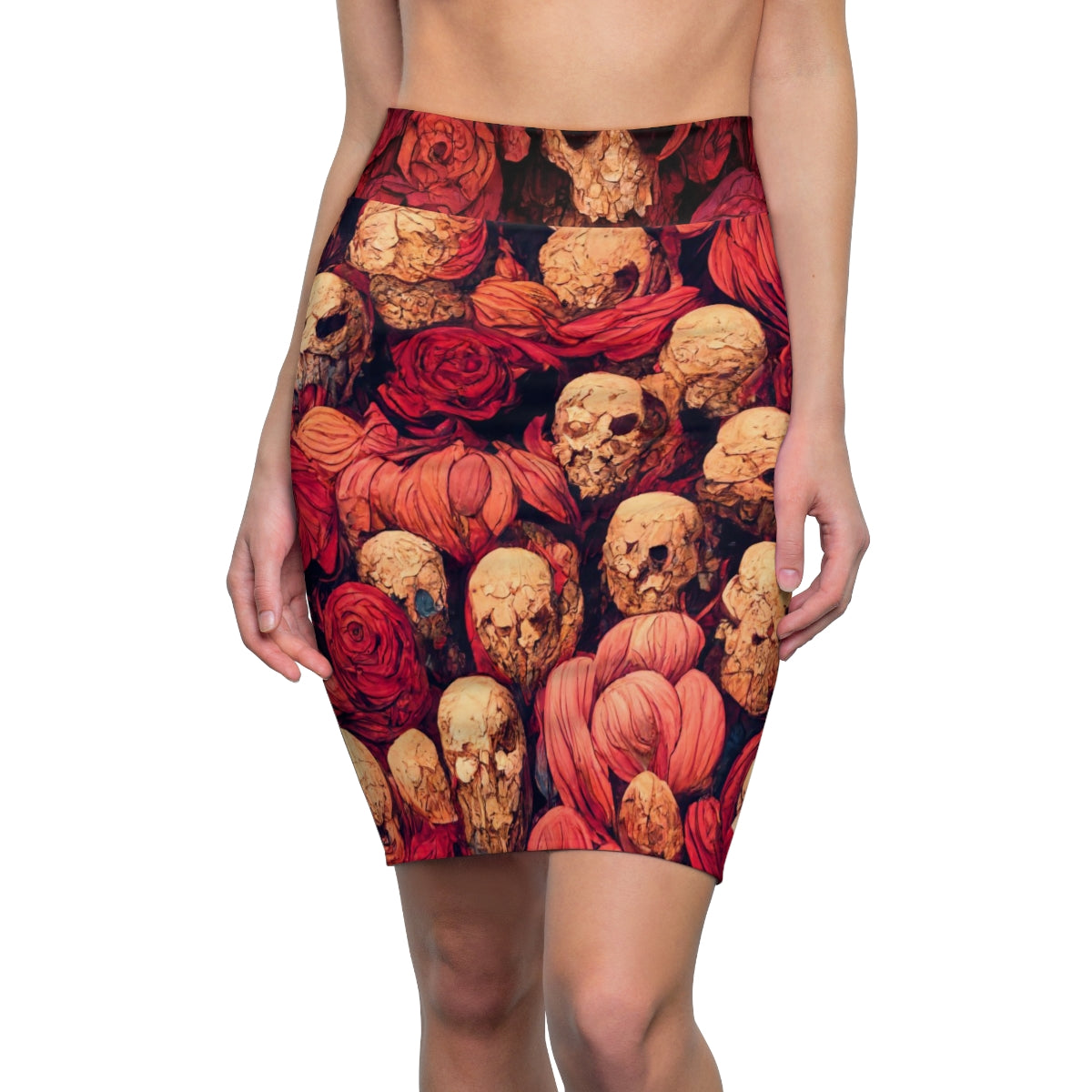 tiling pattern on wood panel of large skulls and vivid roses, gouache illustration - Women's Pencil Skirt