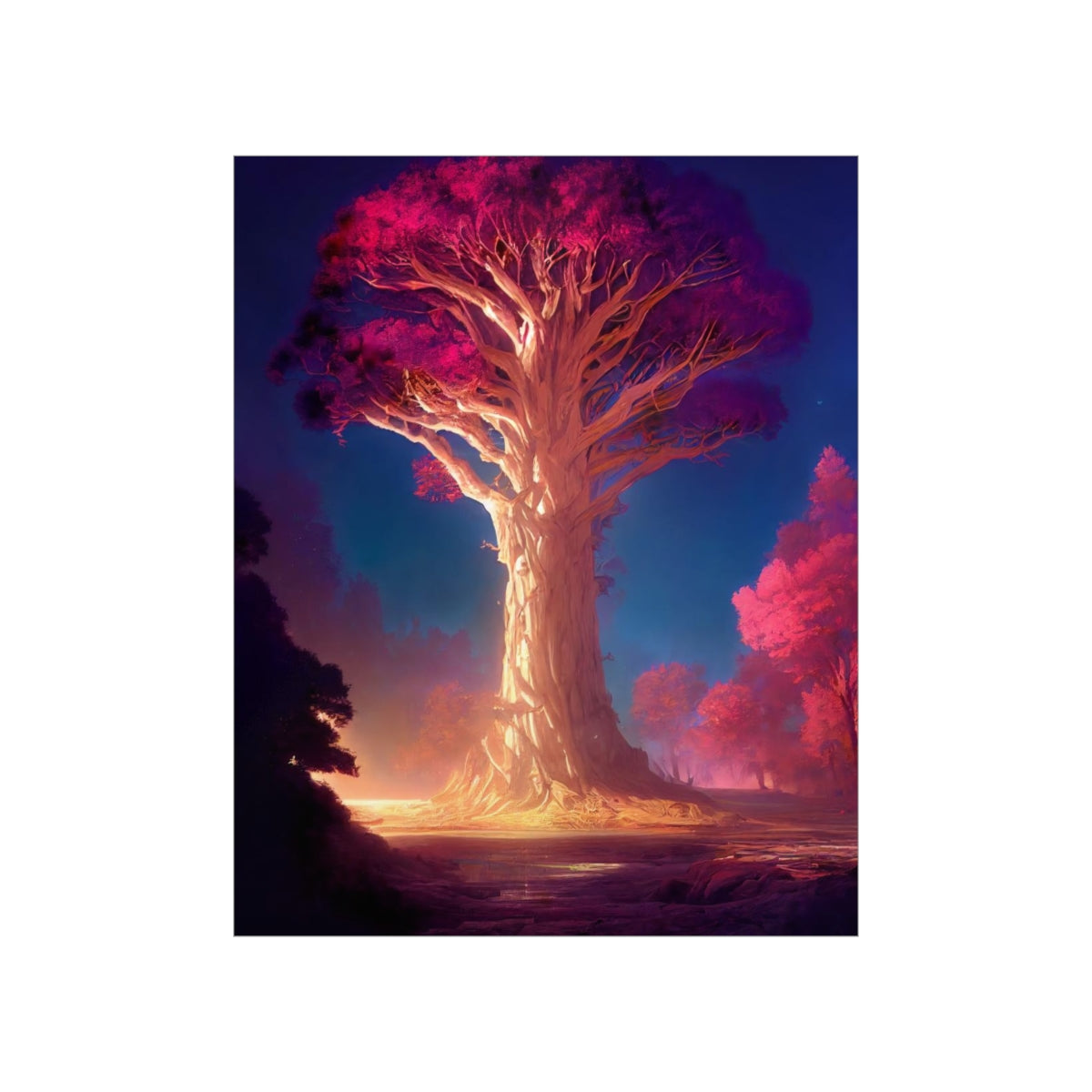 Premium Matte vertical posters - gate to a psychedelic realm, giant tree, light, highly detailed, immersive, volumetric light, detailed concept art