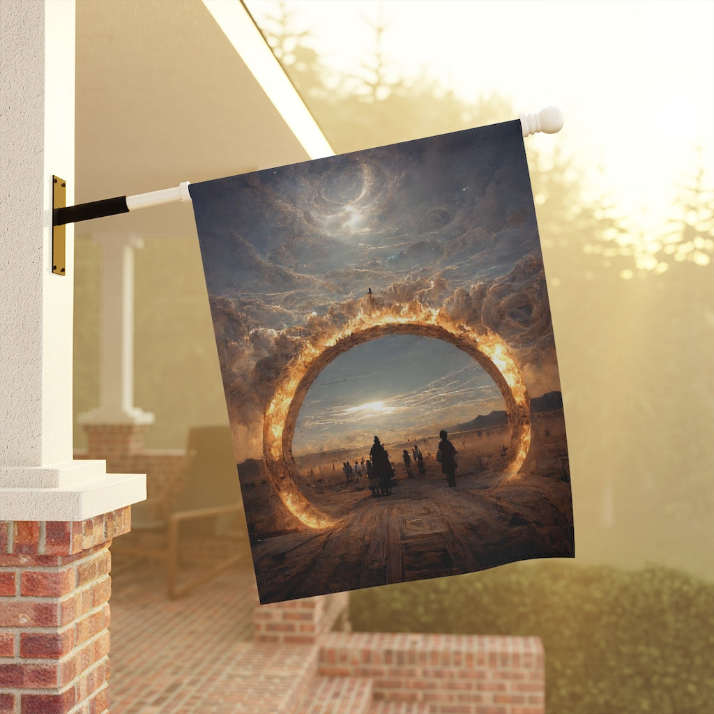 stargate that forms a circle leads to the burning man festival - Garden & House Banner