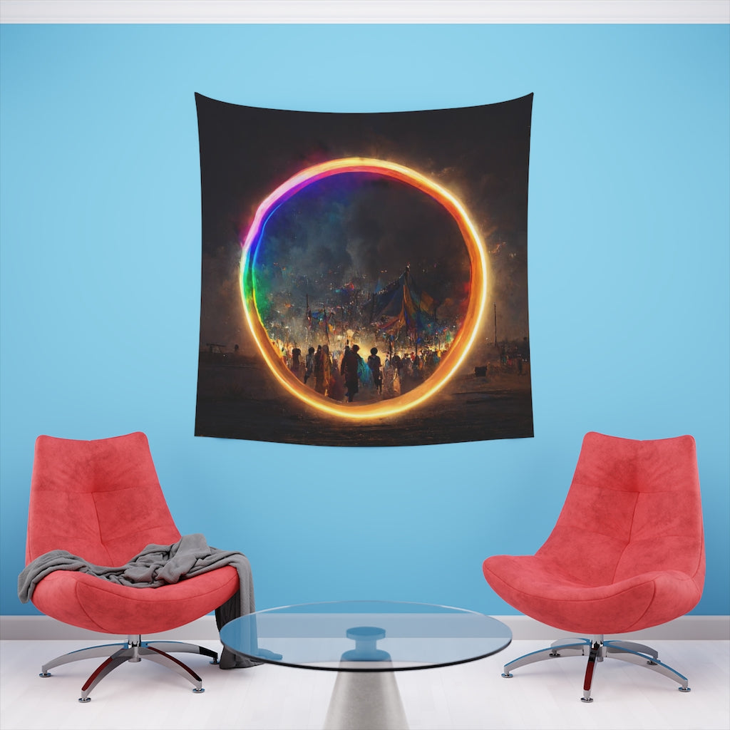 a bright rainbow circle of magic at burning man, cinematic - Printed Wall Tapestry