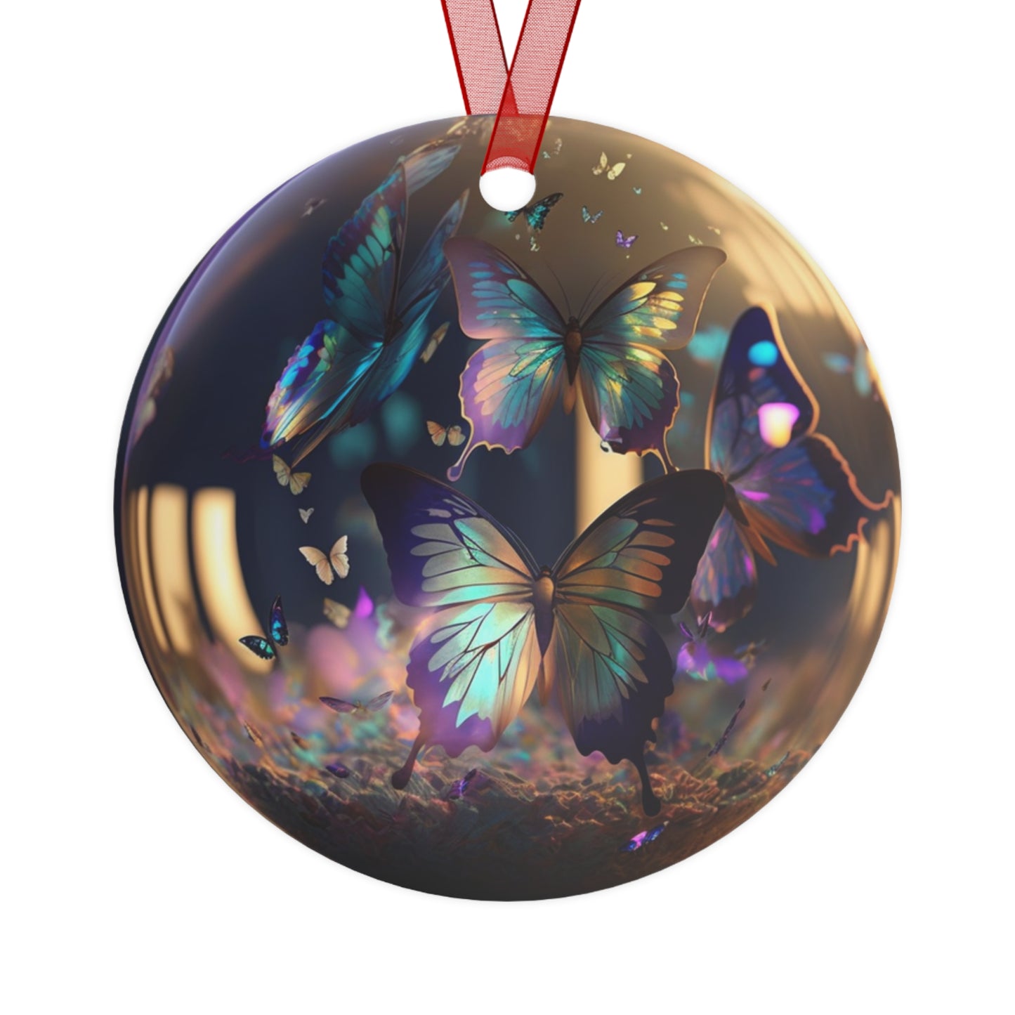 The Teafaerie:  a transparent translucent iridescent somewhat reflective spherical glass christmas bauble covered with iridescent butterflies. Metal Ornament