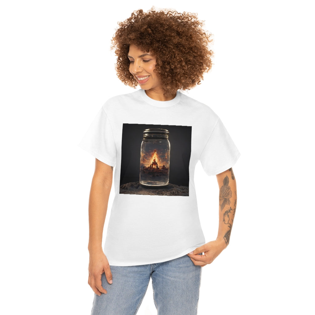 glass_jar_with_burning_man_temple_inside_black_rock_city - Unisex Heavy Cotton Tee