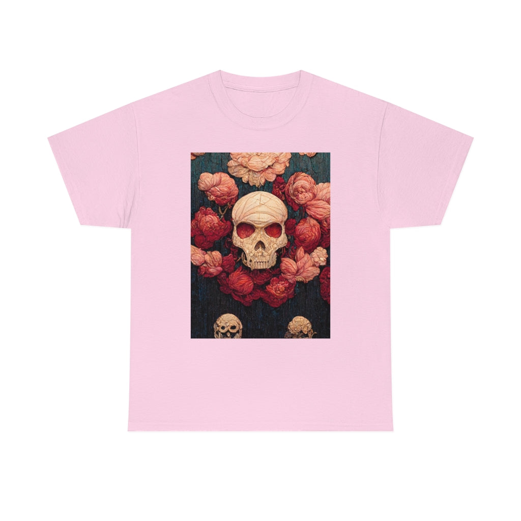 tiling pattern on wood panel of small skulls and vivid roses, gouache illustration - Unisex Heavy Cotton Tee