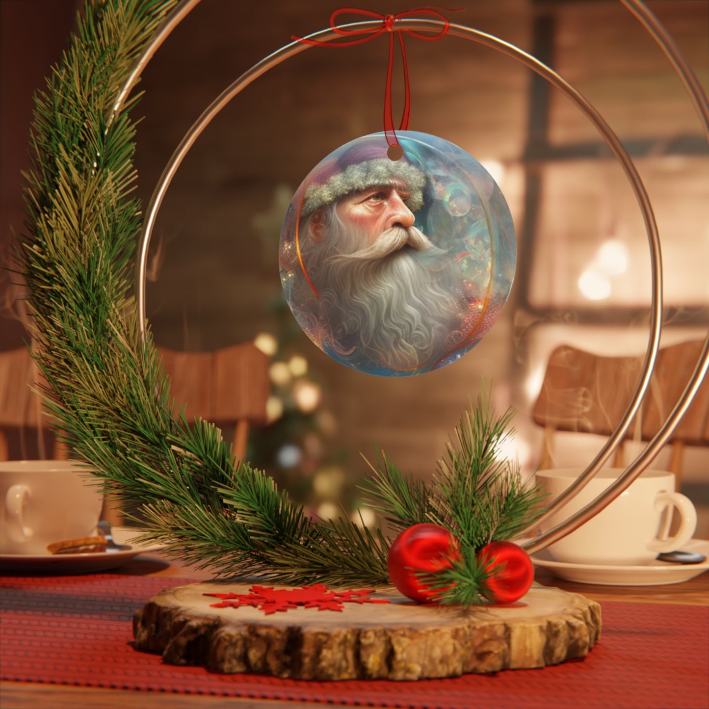 The Teafaerie: a transparent spherical glass Christmas ornament. more smoke An intricately detailed happy Santa Claus is inside of it, smoking a pipe. Metal Ornament