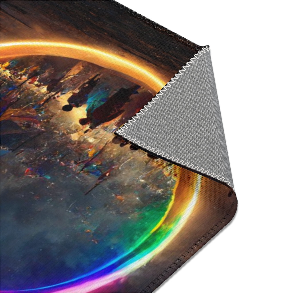 a bright rainbow circle of magic at burning man, cinematic - Area Rugs