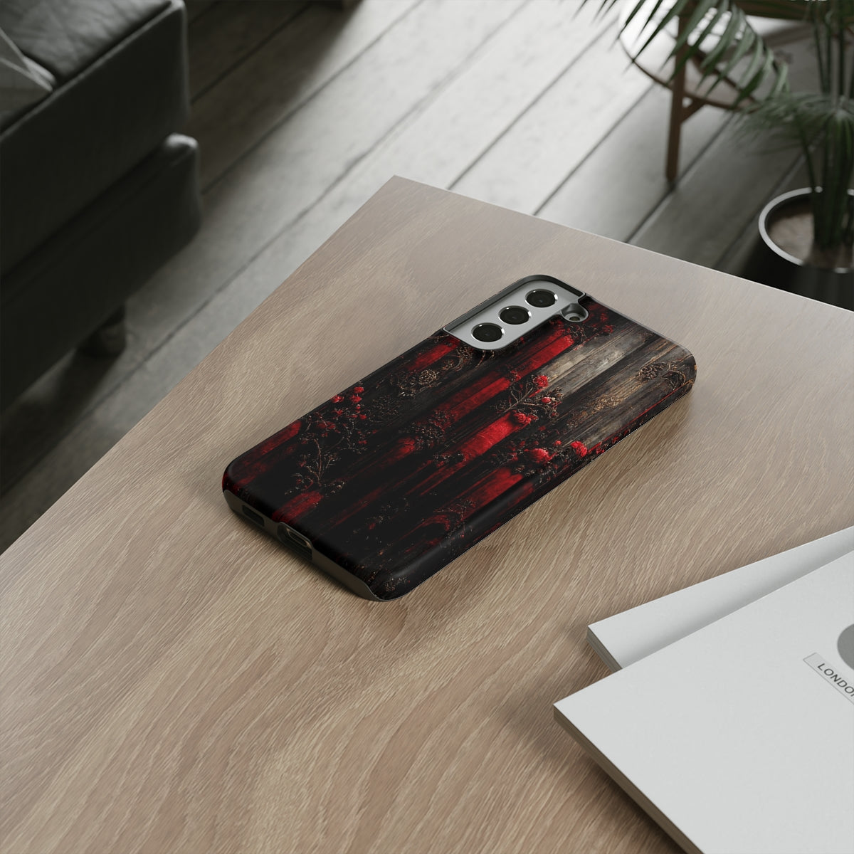 phone case - wall paper texture of red and black gothic painting octane rendering cinematic wooden detailed design frame