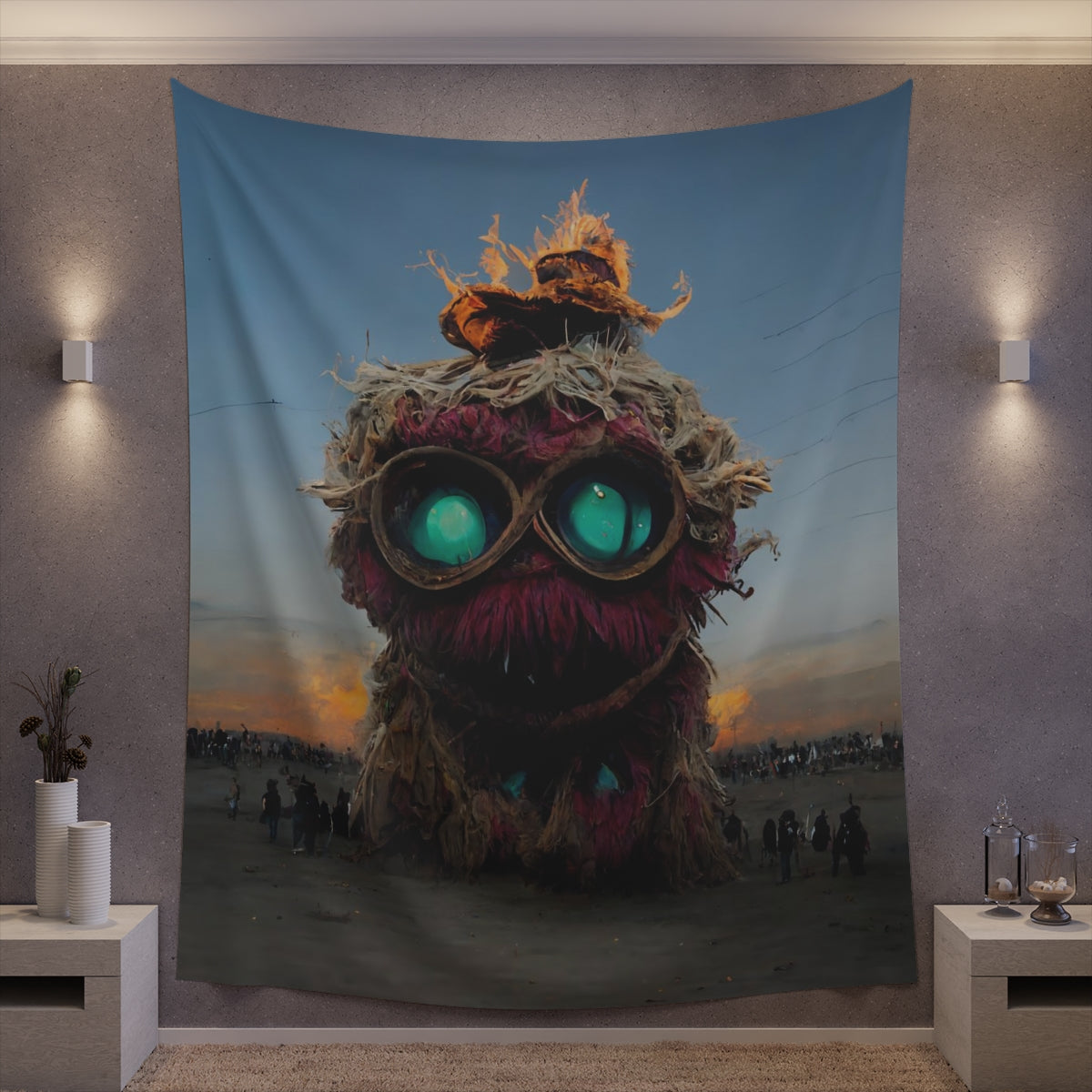 giant muppet monster rampaging at burning man - Indoor Wall Tapestries