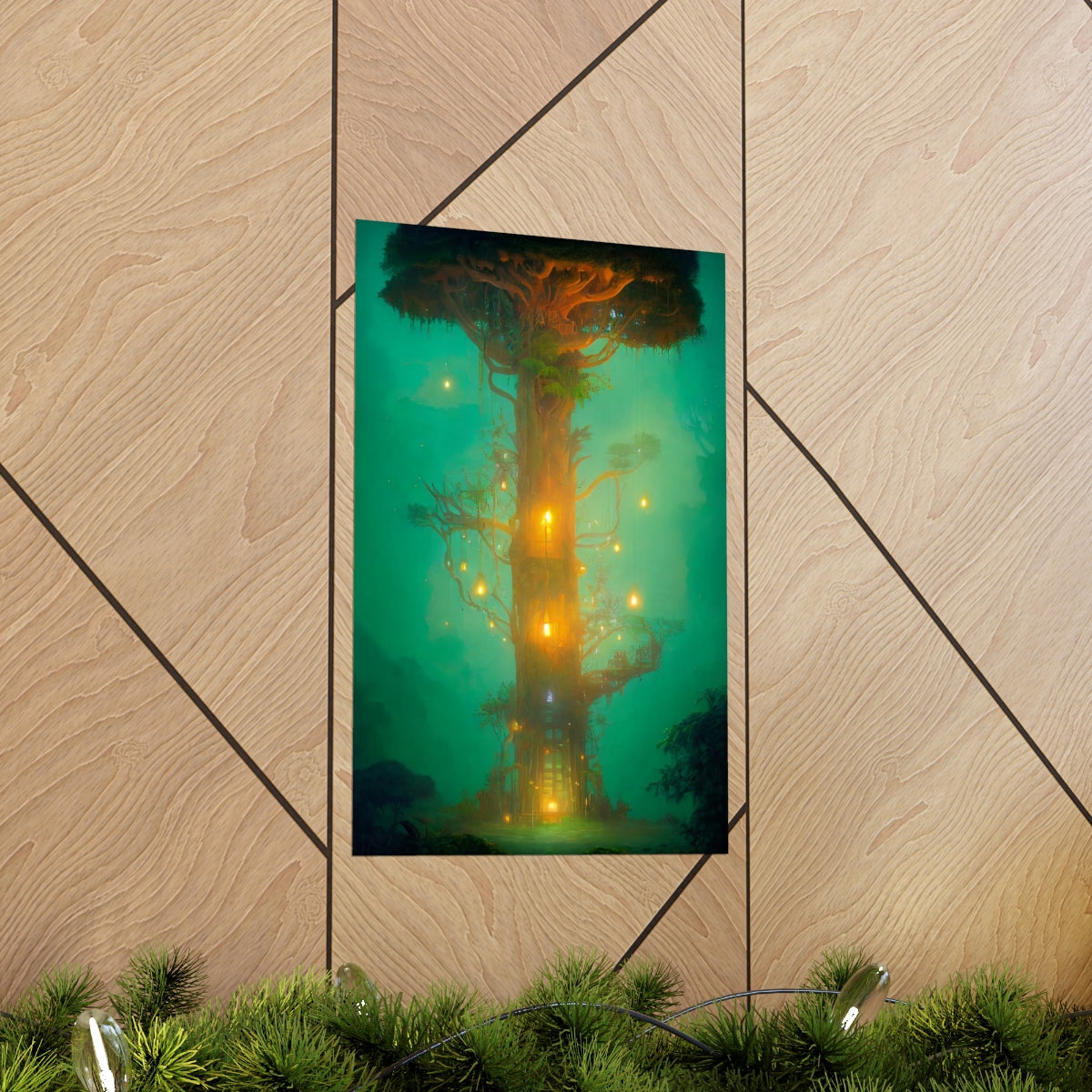 Premium Matte vertical posters - mystical treehouse surrounded by exotic plants and fireflies, jungle fog at sunset, cinematic lighting