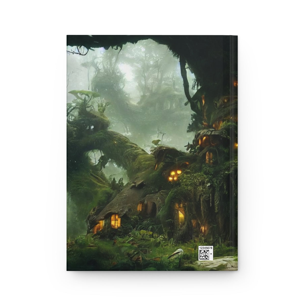 a detailed old overgrown cottage fantasy tree house in a mystical jungle grove with many mushrooms, ancient forest, hanging moss - Hardcover Journal Matte