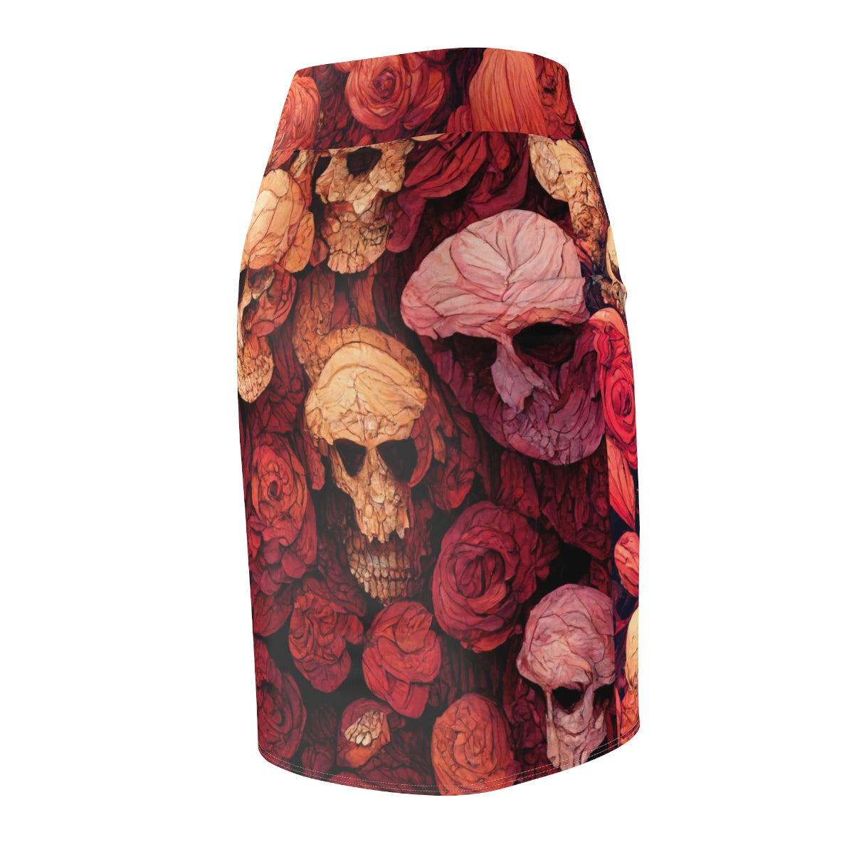 tiling pattern on wood panel of large skulls and vivid roses, gouache illustration - Women's Pencil Skirt