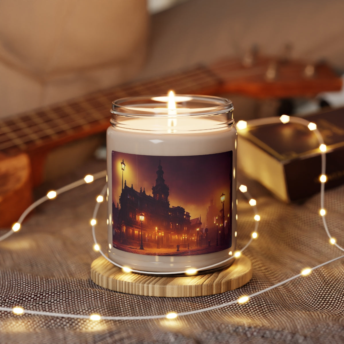 Scented Soy Candle, 9oz - fantasy scene, old victorian city, many details, dark fantasy, sparkle, lights, Grimdark, ornate, Intricate details, unreal engine, 8k