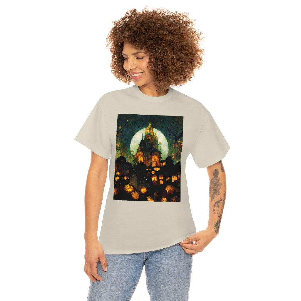 street-level_view_of_halloween_town_at_night_by_alphonse_mucha - Unisex Heavy Cotton Tee