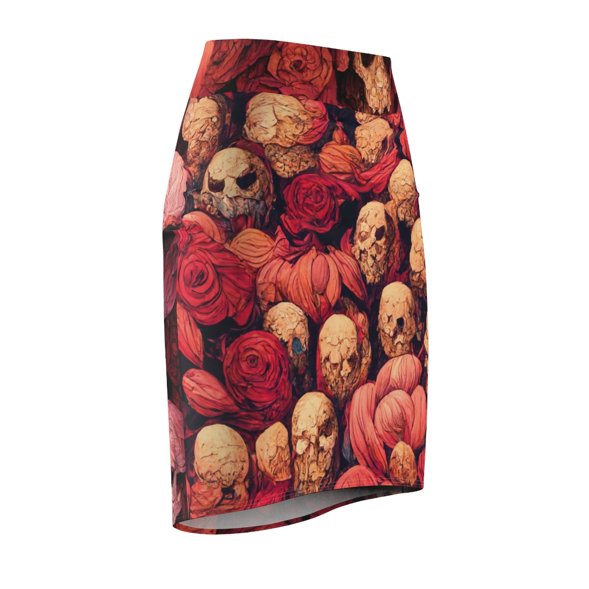 tiling pattern on wood panel of large skulls and vivid roses, gouache illustration - Women's Pencil Skirt