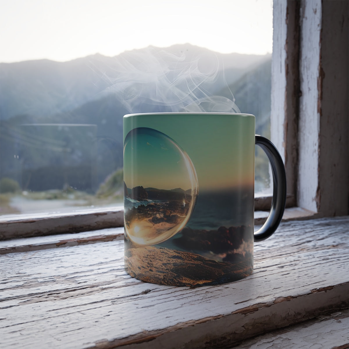 clear spherical bubble houses, set perfectly on top of a rocky shore, beautiful ocean coast -  Color Morphing Mug, 11oz