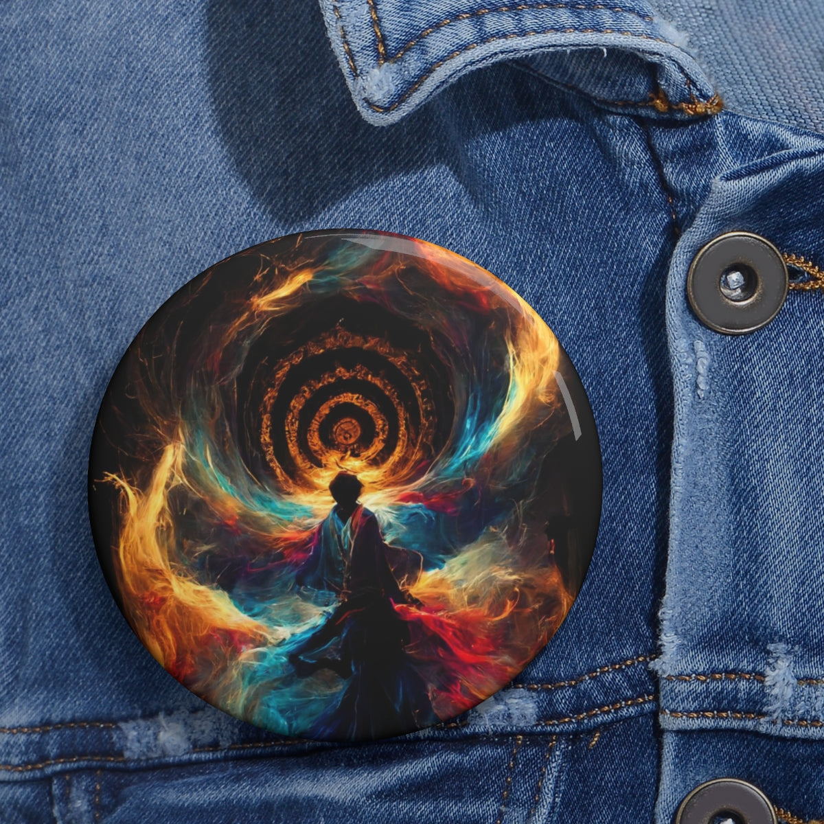 Pin Buttons - god of psychedelics dancing in a vortex made of fire