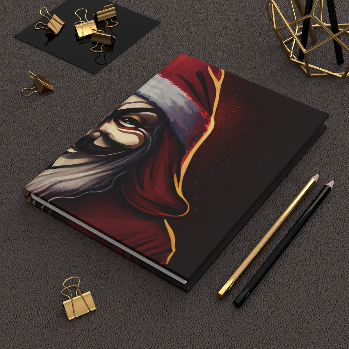 tshirt design, santa in a guy fawkes mask - Hardcover Journal Matte