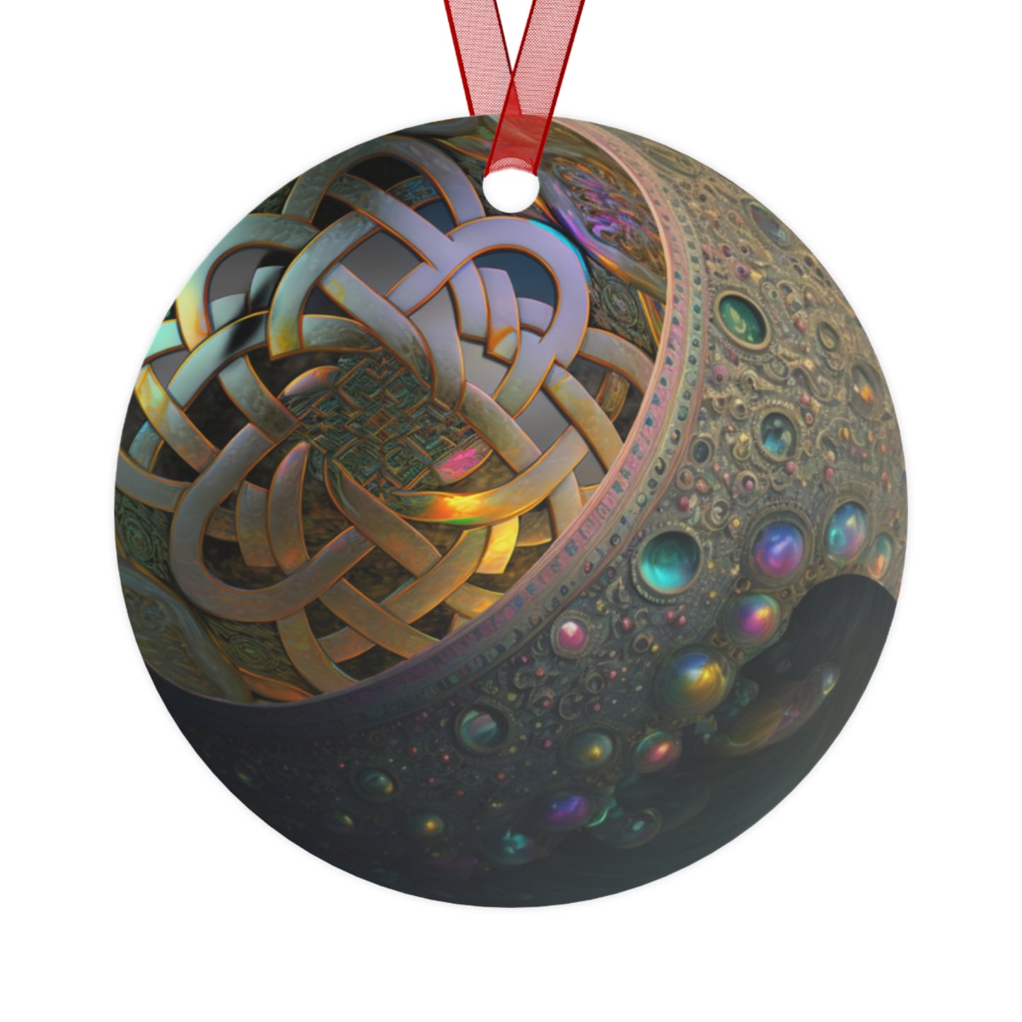 The Teafaerie: An jeweled Celtic knot sphere inside of a spherical slightly prismatic bubble.  Metal Ornament