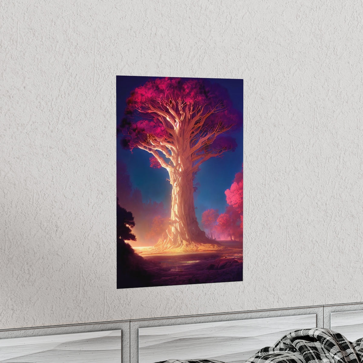 Premium Matte vertical posters - gate to a psychedelic realm, giant tree, light, highly detailed, immersive, volumetric light, detailed concept art