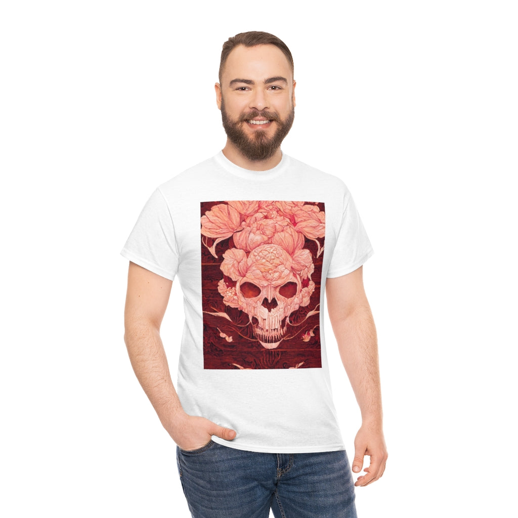 tiling pattern on wood panel of small skulls and vivid roses, gouache illustration - Unisex Heavy Cotton Tee