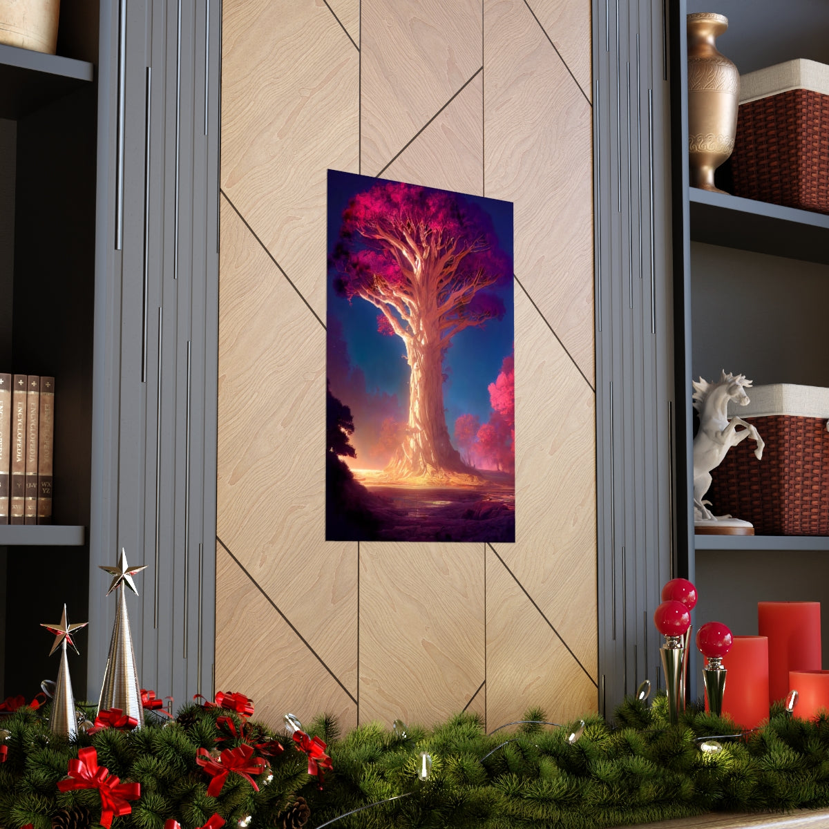 Premium Matte vertical posters - gate to a psychedelic realm, giant tree, light, highly detailed, immersive, volumetric light, detailed concept art