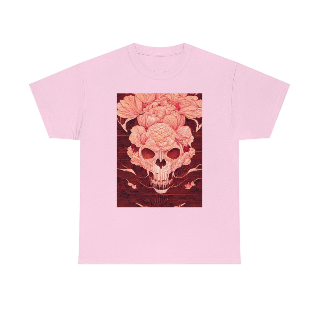 tiling pattern on wood panel of small skulls and vivid roses, gouache illustration - Unisex Heavy Cotton Tee