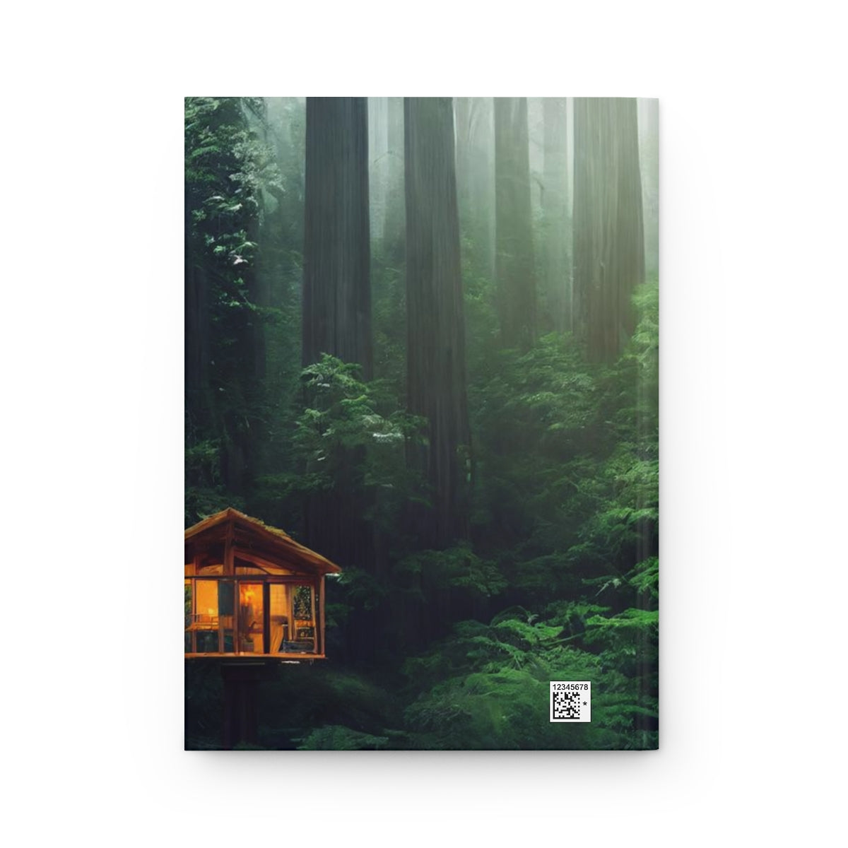 clear wooden solarpunk tree houses, set perfectly in the tops of a redwood forest, beautiful rainforest, community of the future - Hardcover Journal Matte