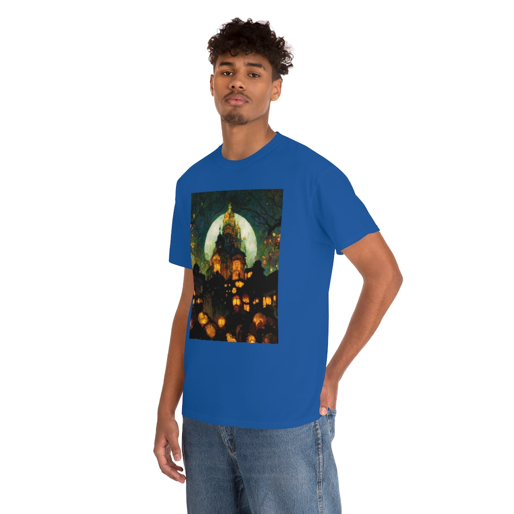 street-level_view_of_halloween_town_at_night_by_alphonse_mucha - Unisex Heavy Cotton Tee