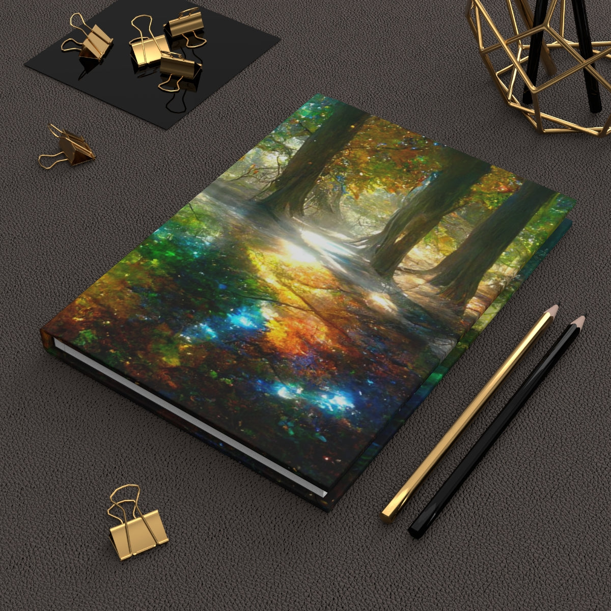 a picture of trees that have mirrors, crystals, and gemstones as leaves, sunlight is dispersed through crystal leaves creating rainbows - Hardcover Journal Matte