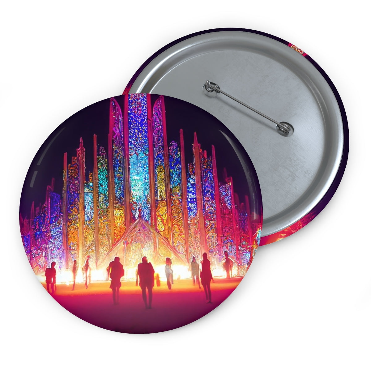 Pin Buttons - stained glass cathedral at burning man at night