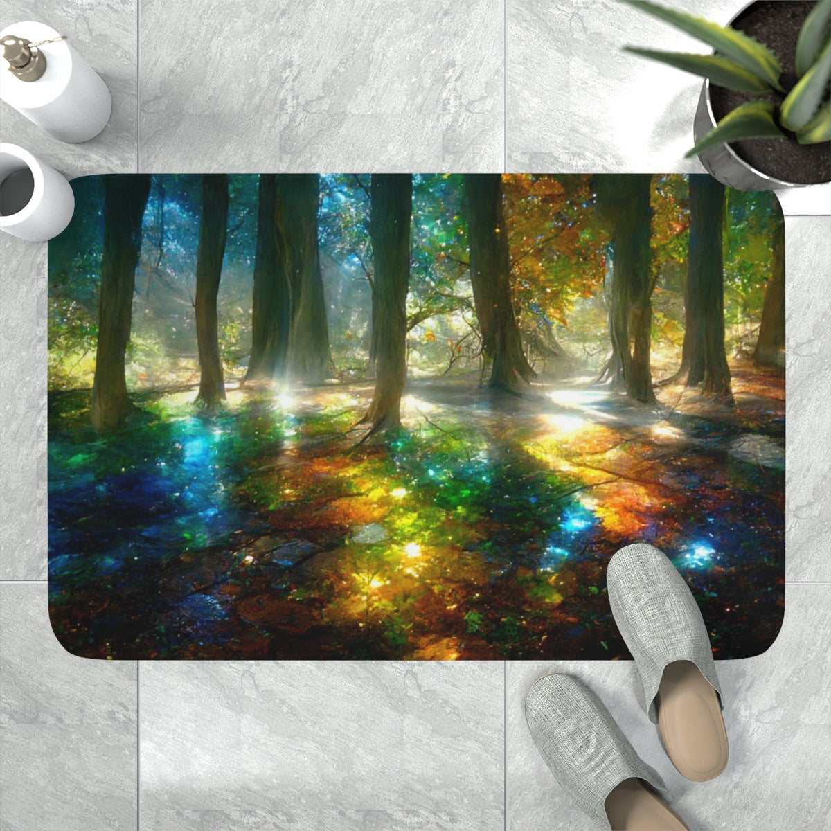 Memory Foam Bath Mat - a picture of trees that have mirrors, crystals, and gemstones as leaves, sunlight is dispersed through crystal leaves creating rainbows