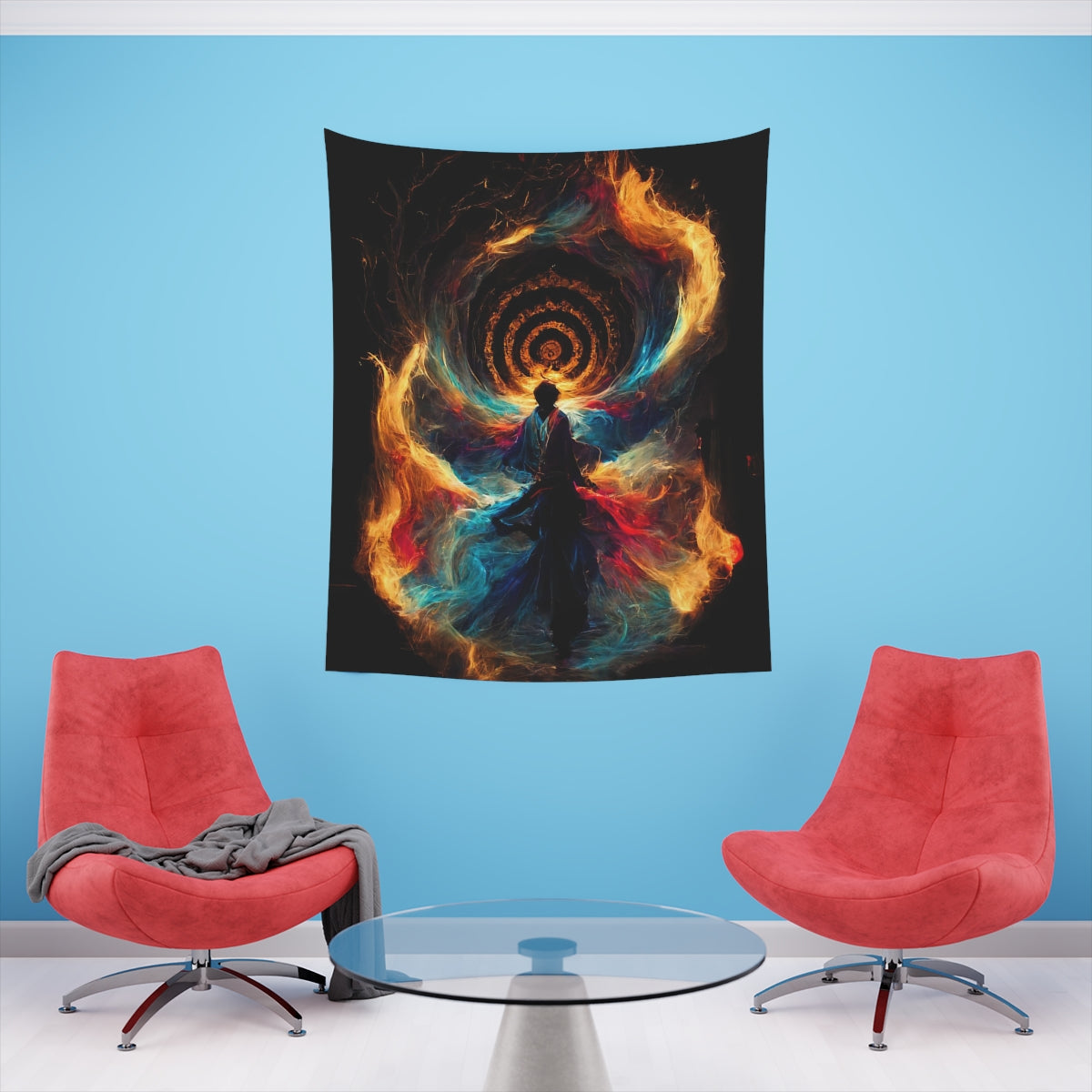 god of psychedelics dancing in a vortex made of fire - Indoor Wall Tapestries