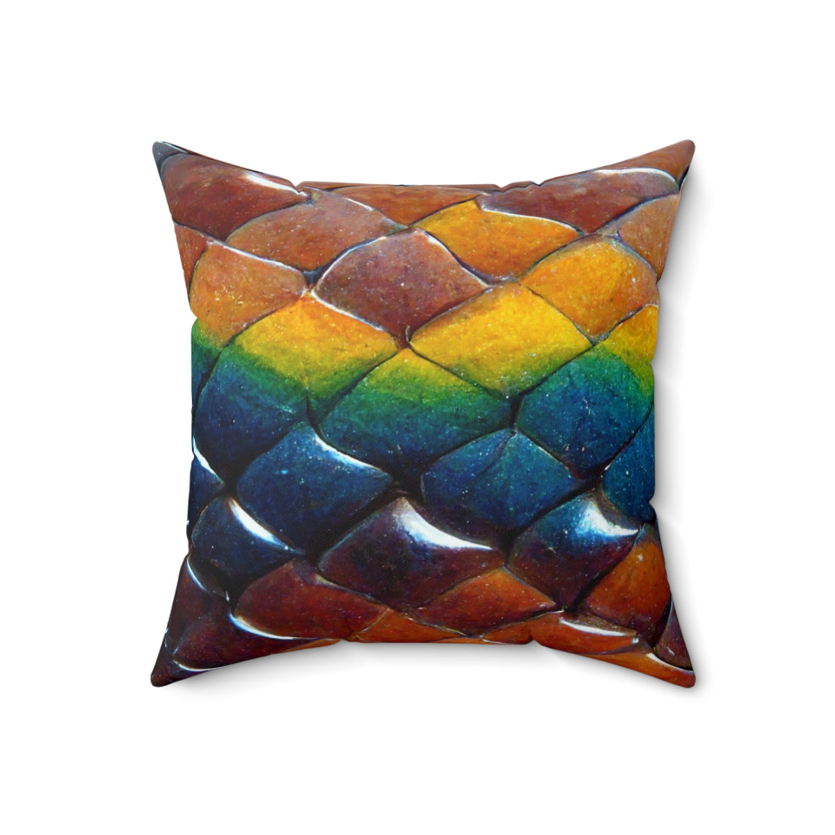 Spun Polyester Square Pillow - a tiling pattern of rainbow snake scales diamond shape