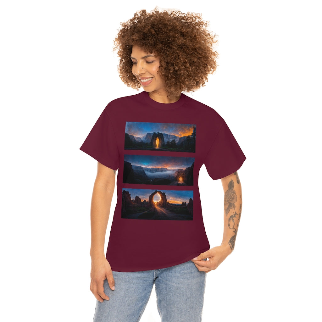 wide_angle_photo_of_a_magical_portal_in_(yosemite_valley, the_grand_canyon, arches_national_park) - Unisex Heavy Cotton Tee